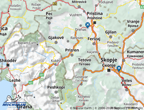 MICHELIN-Landkarte Bezirk Prizren - ViaMichelin