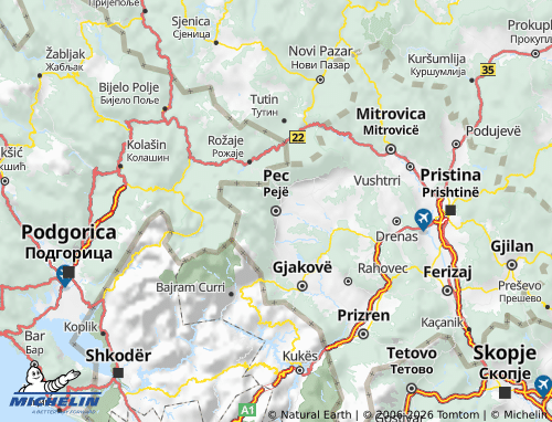 Mapa MICHELIN Distrito de Peć - ViaMichelin